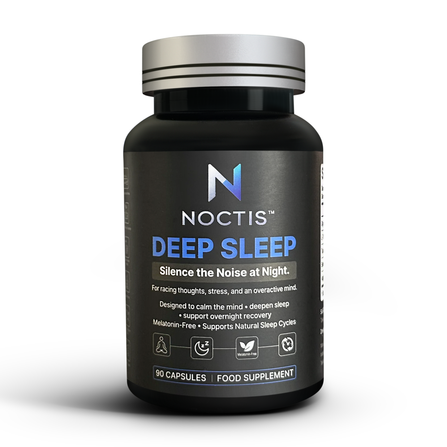 NOCTIS Deep Sleep melatonin-free sleep supplement bottle for racing thoughts and an overactive mind
