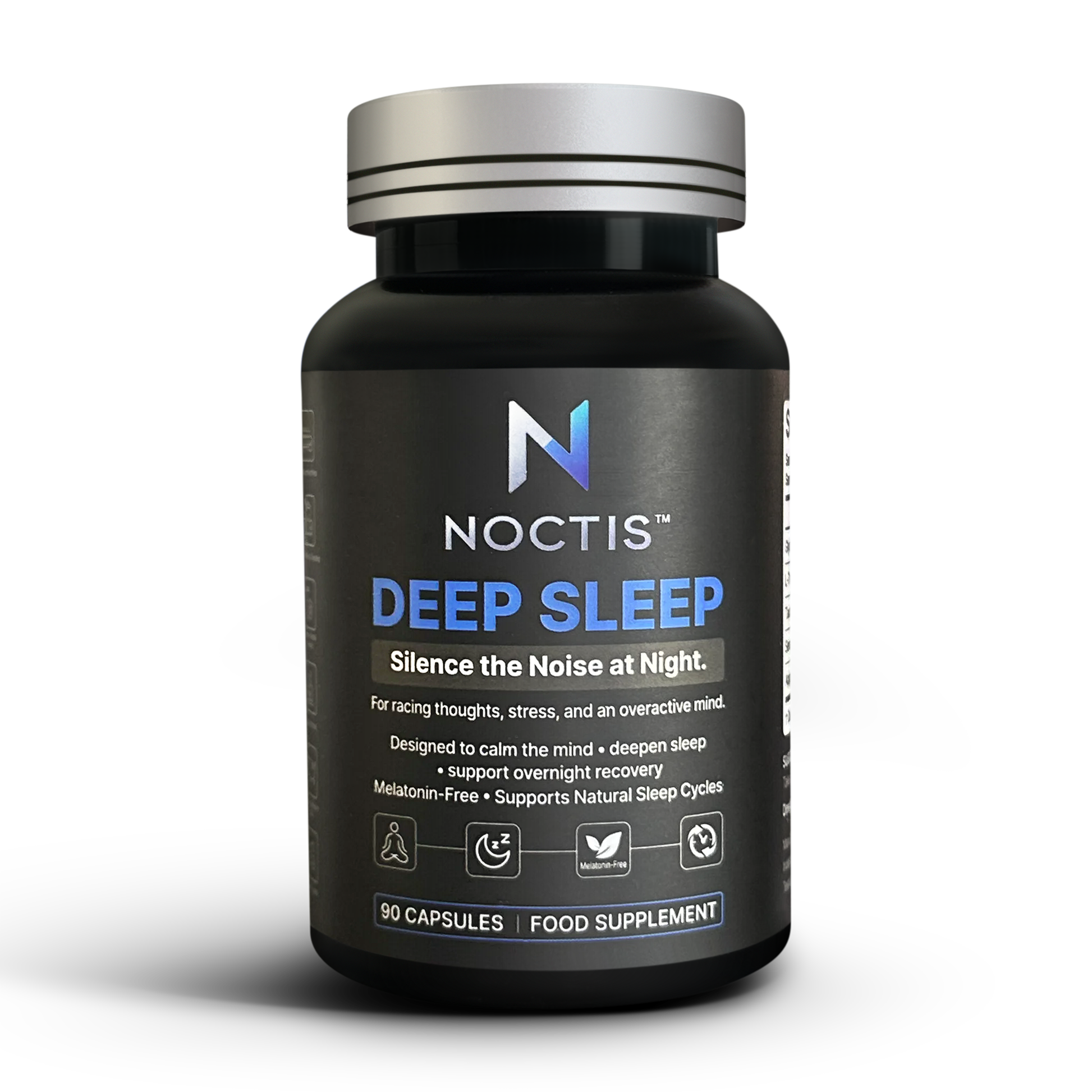 NOCTIS Deep Sleep melatonin-free sleep supplement bottle for racing thoughts and an overactive mind